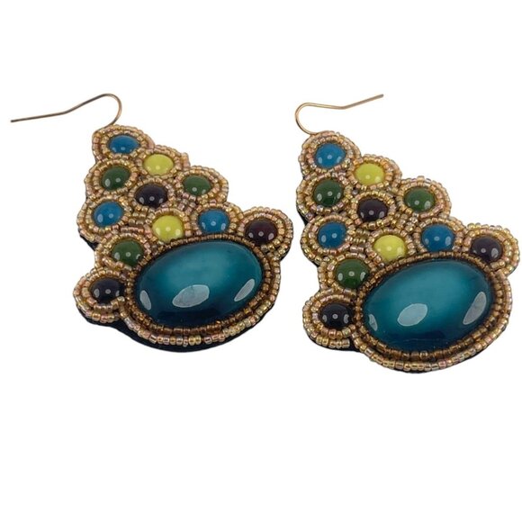 Bohemian Beaded Teardrop Earrings With Multicolored Stones & Gold Accents - Picture 5 of 6